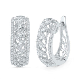 Crisscrossed Brilliance: 10kt White Gold Diamond Openwork Hoop Earrings - Splendid Jewellery