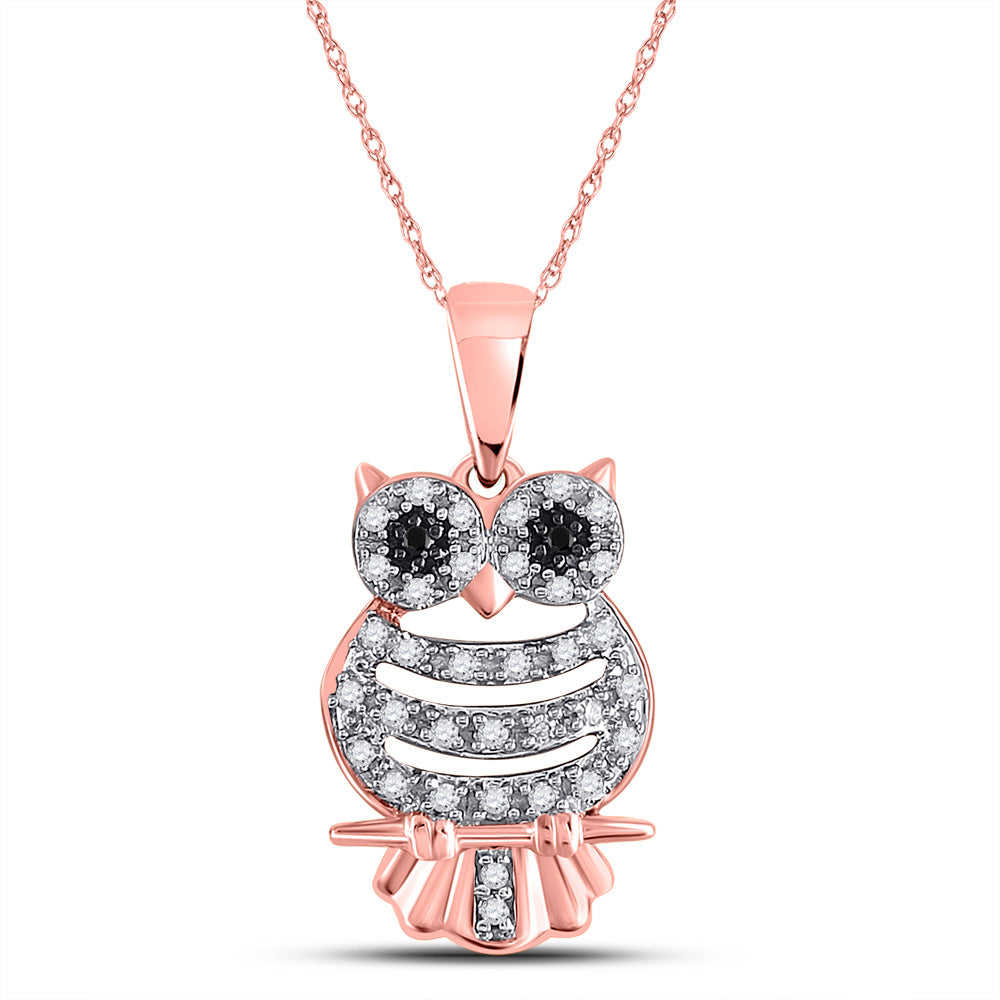 Diamond Animal & Bug Pendant | 10kt Rose Gold Womens Round Black Color Enhanced Diamond Owl Animal Pendant 1/6 Cttw | Splendid Jewellery GND