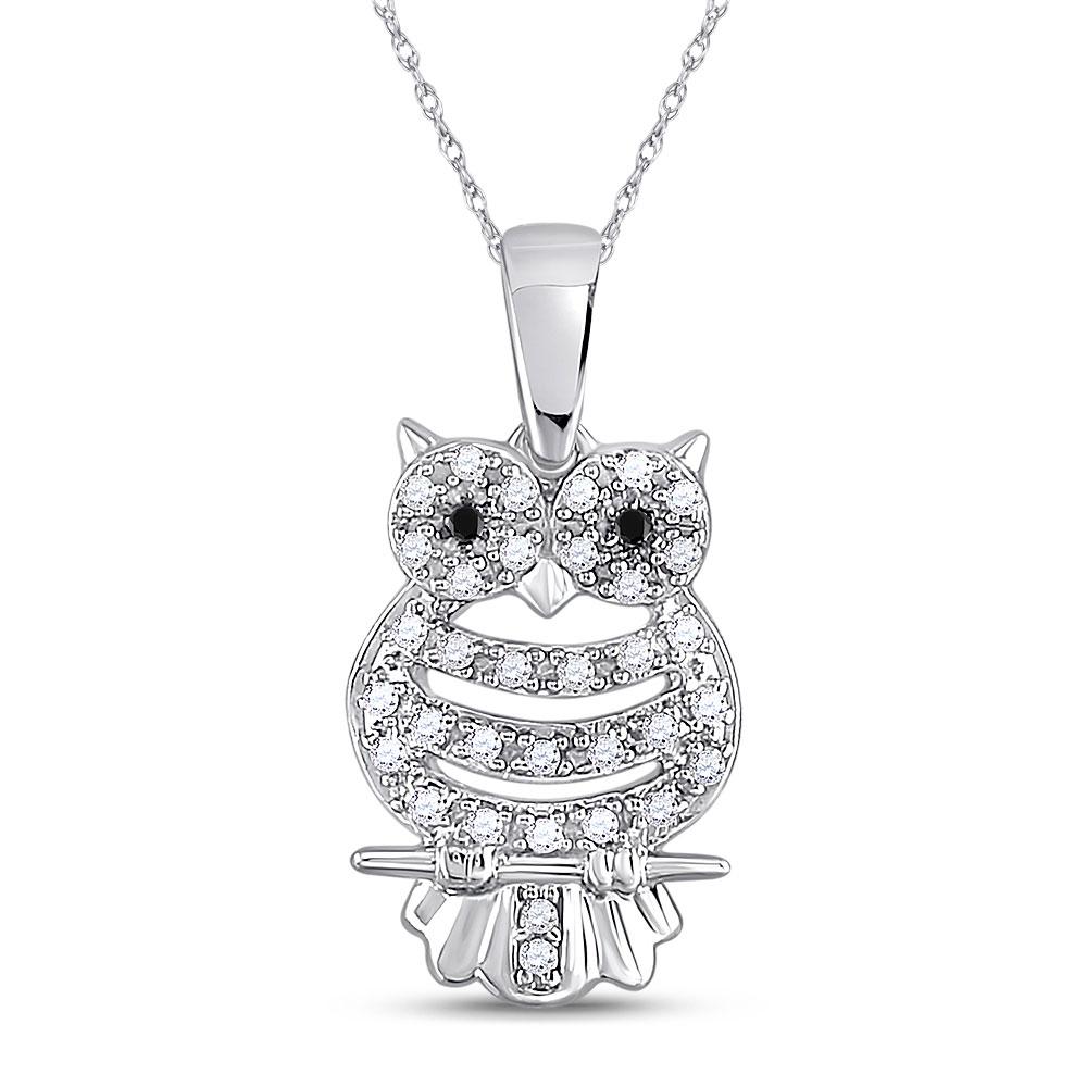 Diamond Animal & Bug Pendant | 10kt White Gold Womens Round Black Color Enhanced Diamond Owl Bird Animal Pendant 1/6 Cttw | Splendid Jewellery GND