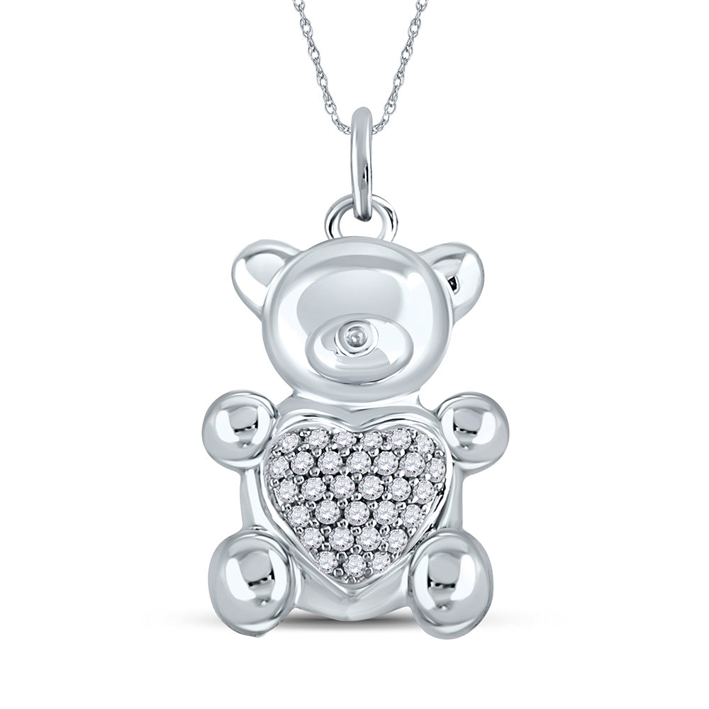 Diamond Animal & Bug Pendant | 10kt White Gold Womens Round Diamond Bear Heart Animal Pendant 1/10 Cttw | Splendid Jewellery GND