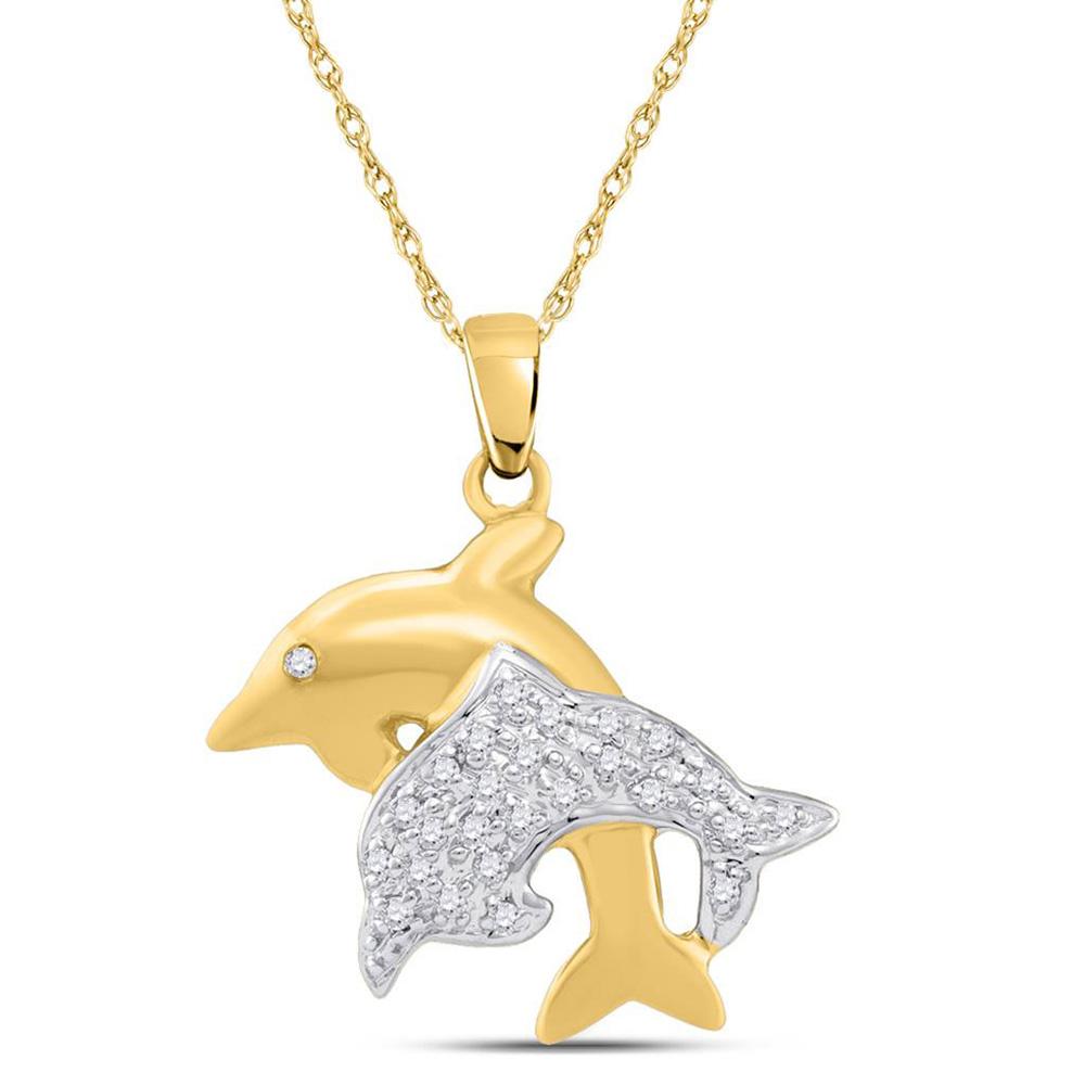 Diamond Animal & Bug Pendant | 10kt Yellow Gold Womens Round Diamond Double Dolphin Fish Animal Pendant 1/8 Cttw | Splendid Jewellery GND