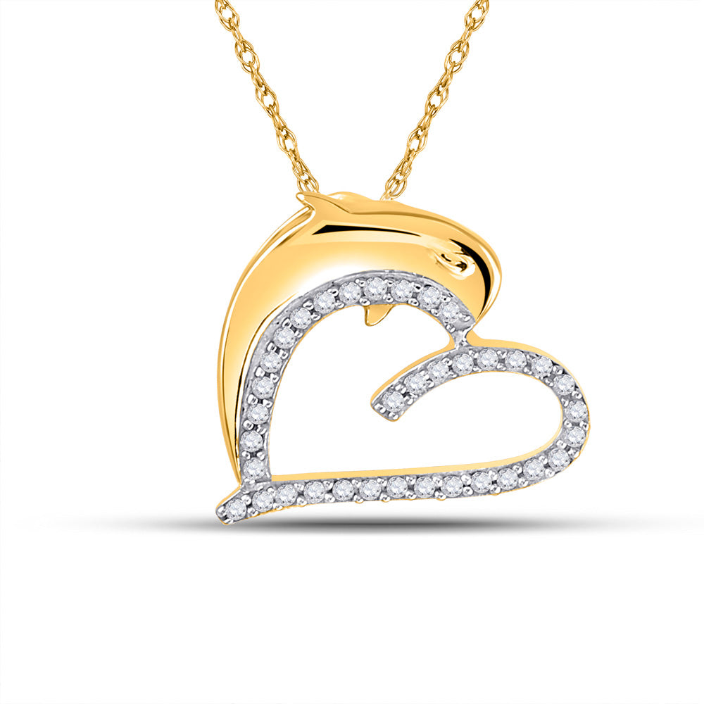 Diamond Animal & Bug Pendant | 10kt Yellow Gold Womens Round Diamond Heart Dolphin Pendant 1/5 Cttw | Splendid Jewellery GND
