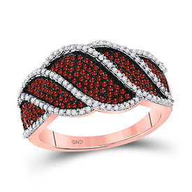 Radiant Rose: 10kt Rose Gold Womens Round Red Color Enhanced Diamond Striped Band Ring 3/4 Cttw Top View from Splendid Jewellery