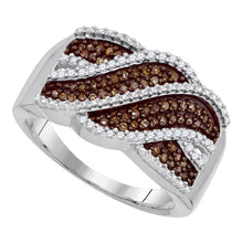 Load image into Gallery viewer, Radiant Elegance: 10kt White Gold Womens Round Brown Diamond Crossover Band 1/3 Cttw Top View from Splendid Jewellery