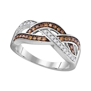 Diamond Band | 10kt White Gold Womens Round Brown Diamond Crossover Band Ring 1/3 Cttw | Splendid Jewellery GND