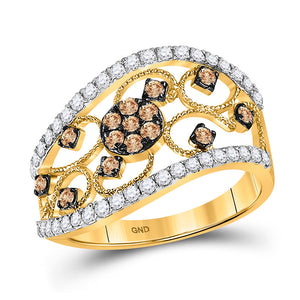 Diamond Band | 10kt Yellow Gold Womens Round Brown Diamond Cluster Band Ring 7/8 Cttw | Splendid Jewellery GND