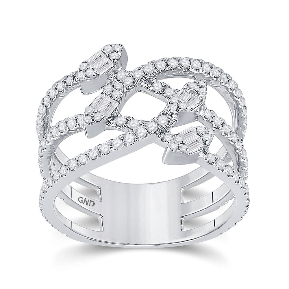 Diamond Band | 14kt White Gold Womens Baguette Diamond Crossover Strand Band Ring 3/4 Cttw | Splendid Jewellery GND