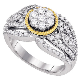 Diamond Blossom Cluster Ring | 10kt Two - tone Gold Womens Round Diamond Roped Flower Cluster Ring 7/8 Cttw - Splendid Jewellery