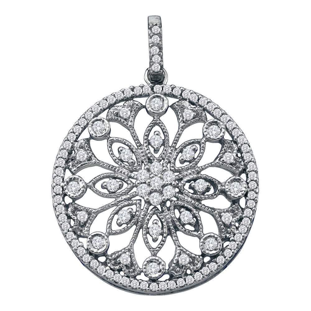 Diamond Circle Pendant | 10kt White Gold Womens Round Diamond Antique-style Circle Pendant 1/2 Cttw | Splendid Jewellery GND