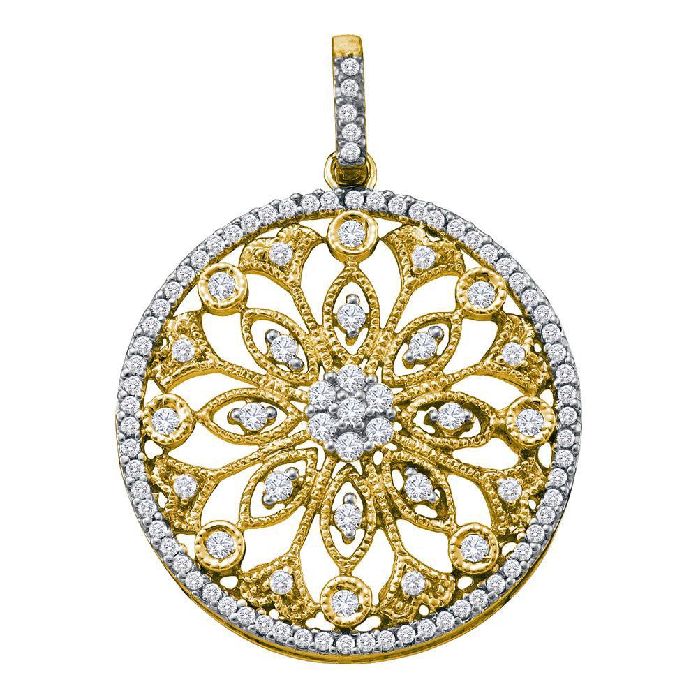 Diamond Circle Pendant | 10kt Yellow Gold Womens Round Diamond Antique-style Circle Pendant 1/2 Cttw | Splendid Jewellery GND
