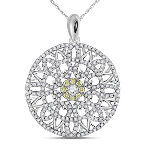 Diamond Circle Pendant | 14kt White Gold Womens Round Diamond Mandala Circle Pendant 1 Cttw | Splendid Jewellery GND