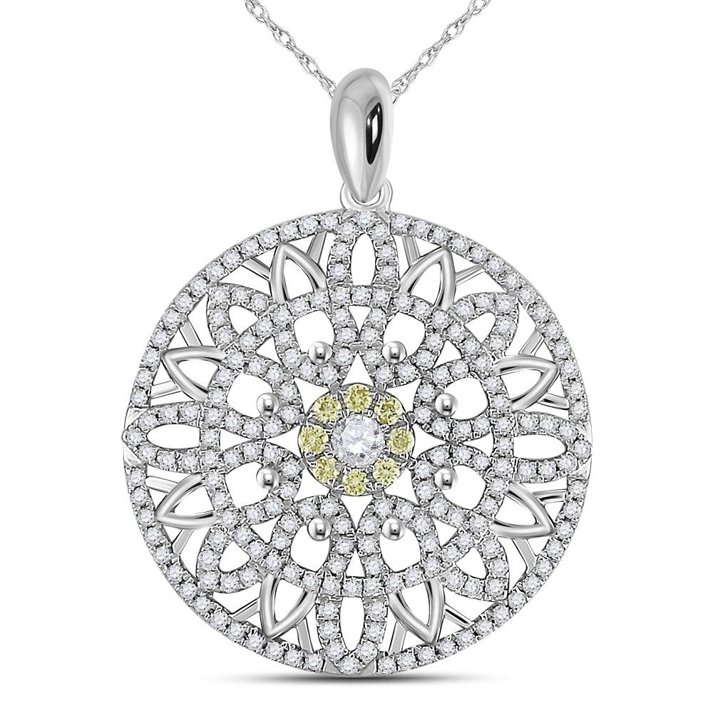Diamond Circle Pendant | 14kt White Gold Womens Round Diamond Mandala Circle Pendant 1 Cttw | Splendid Jewellery GND