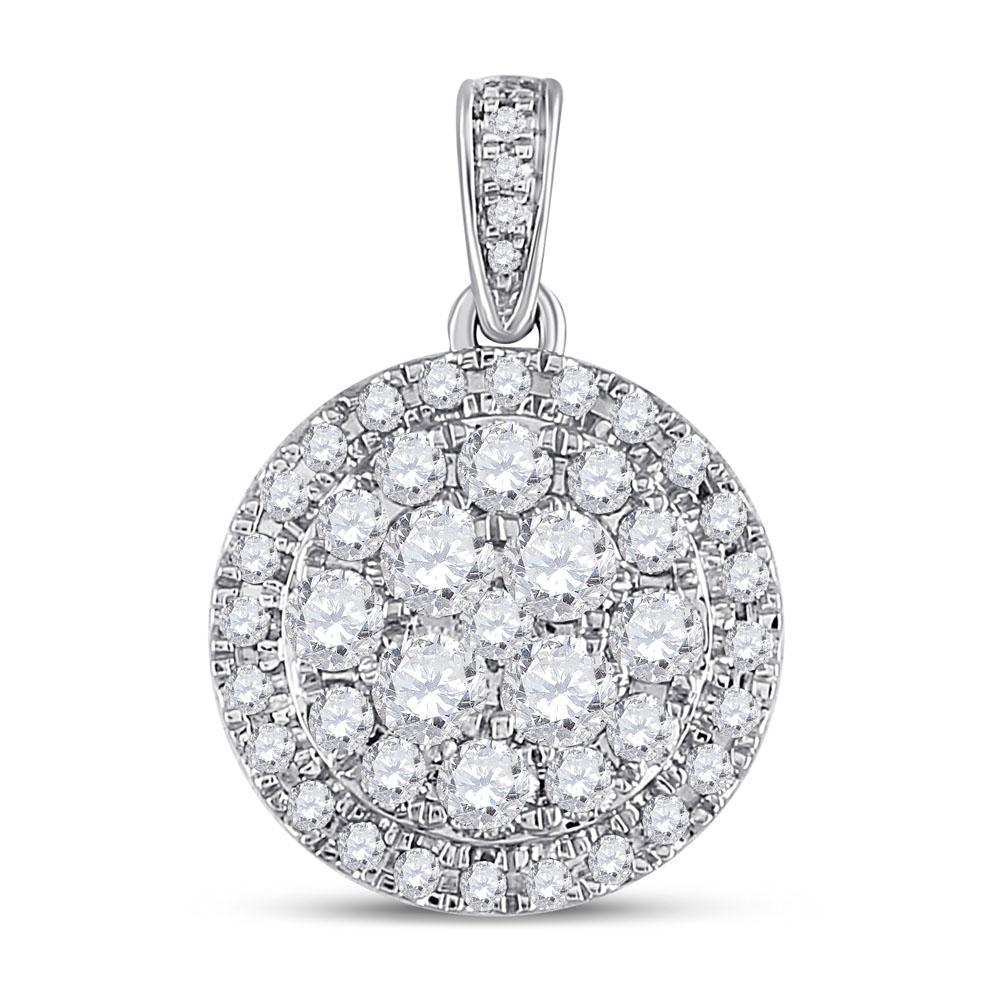 Diamond Cluster Pendant | 14kt White Gold Womens Round Diamond Halo Cluster Pendant 1 Cttw | Splendid Jewellery GND