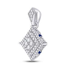 Load image into Gallery viewer, 14kt White Gold Diamond Cluster Pendant with Offset Square Design and Blue Sapphire Accent - Exquisite Elegance - Side View