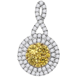 Diamond Cluster Pendant | 14kt White Gold Womens Round Yellow Diamond Concentric Circle Frame Cluster Pendant 1 Cttw | Splendid Jewellery GND