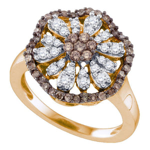 Diamond Cluster Ring | 10k Rose Gold Womens Brown Round Diamond Flower Cluster Ring 3/4 Cttw | Splendid Jewellery GND