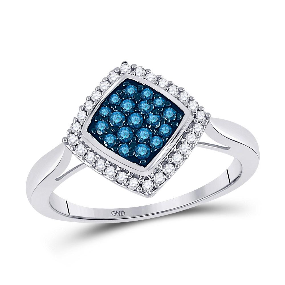 Diamond Cluster Ring | 10k White Gold Blue Color Enhanced Round Diamond Womens Diagonal Square Cluster Ring 1/3 Cttw | Splendid Jewellery GND