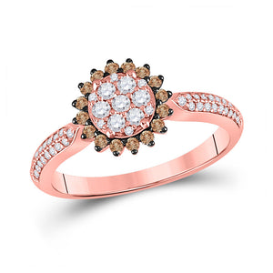 Diamond Cluster Ring | 10kt Rose Gold Womens Round Brown Diamond Halo Cluster Ring 1/2 Cttw | Splendid Jewellery GND