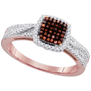 Diamond Cluster Ring | 10kt Rose Gold Womens Round Red Color Enhanced Diamond Square Cluster Ring 1/3 Cttw | Splendid Jewellery GND