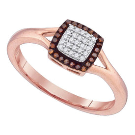 Captivating Crimson Cluster Ring | 10kt Rose Gold Womens Round Red Color Enhanced Diamond Square Ring 1/8 Cttw Top View from Splendid Jewellery