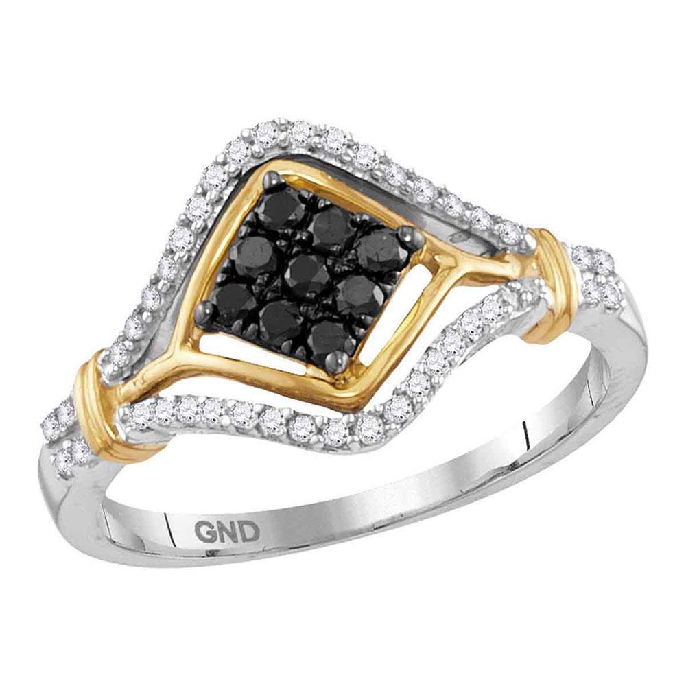 Diamond Cluster Ring | 10kt Two-tone Gold Womens Round Black Color Enhanced Diamond Cluster Ring 3/8 Cttw | Splendid Jewellery GND
