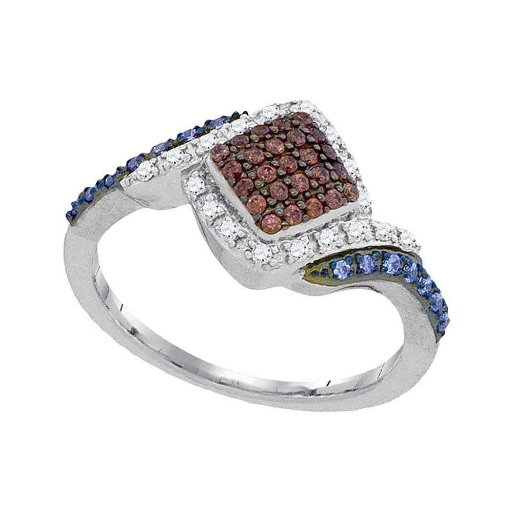 Diamond Cluster Ring | 10kt White Gold Womens Round Brown Diamond Blue Fashion Ring 1/3 Cttw | Splendid Jewellery GND