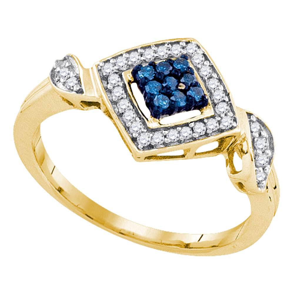 Diamond Cluster Ring | 10kt Yellow Gold Womens Round Blue Color Enhanced Diamond Square Ring 1/4 Cttw | Splendid Jewellery GND