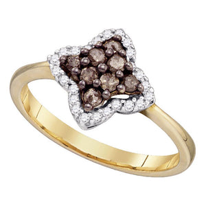 Diamond Cluster Ring | 10kt Yellow Gold Womens Round Brown Diamond Cluster Ring 1/3 Cttw | Splendid Jewellery GND