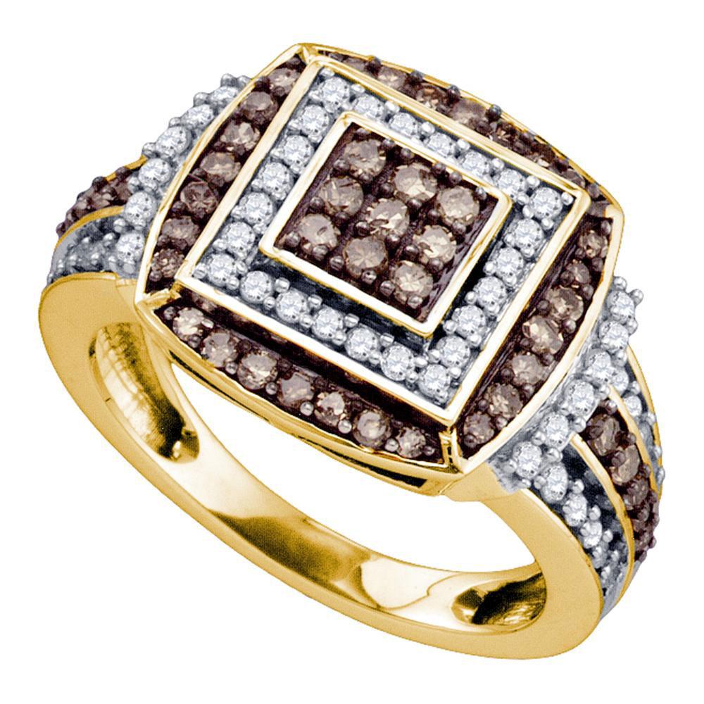 Diamond Cluster Ring | 10kt Yellow Gold Womens Round Brown Diamond Square Cluster Ring 1 Cttw | Splendid Jewellery GND