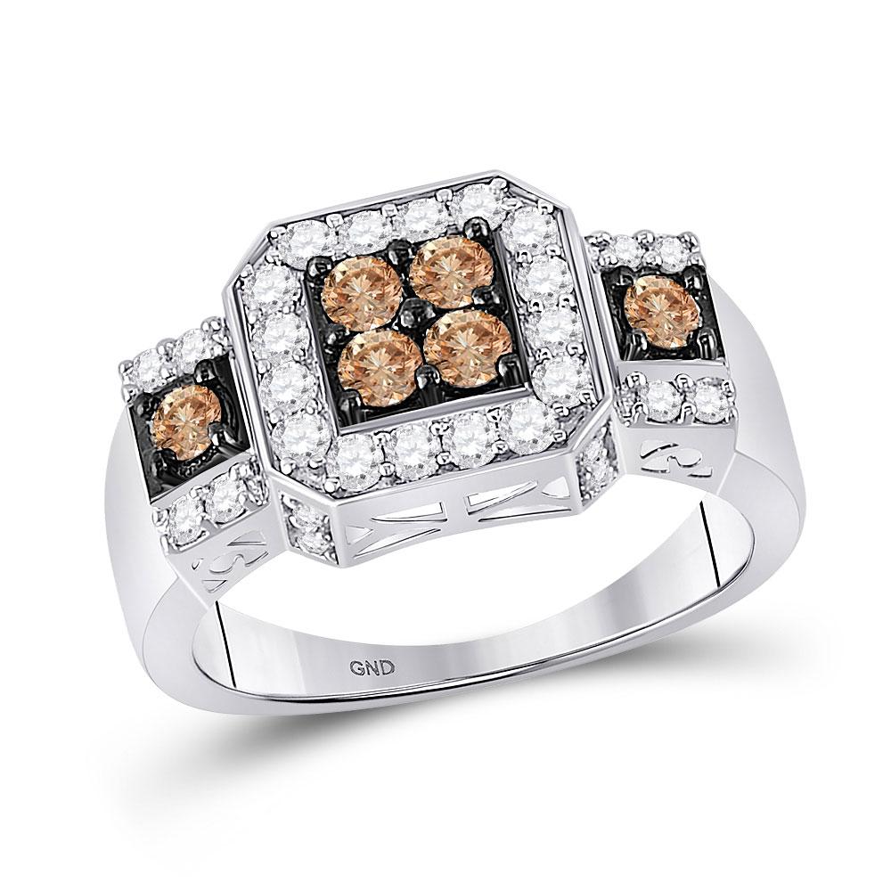 Diamond Cluster Ring | 14kt White Gold Womens Round Brown Diamond Cluster Ring 1 Cttw | Splendid Jewellery GND
