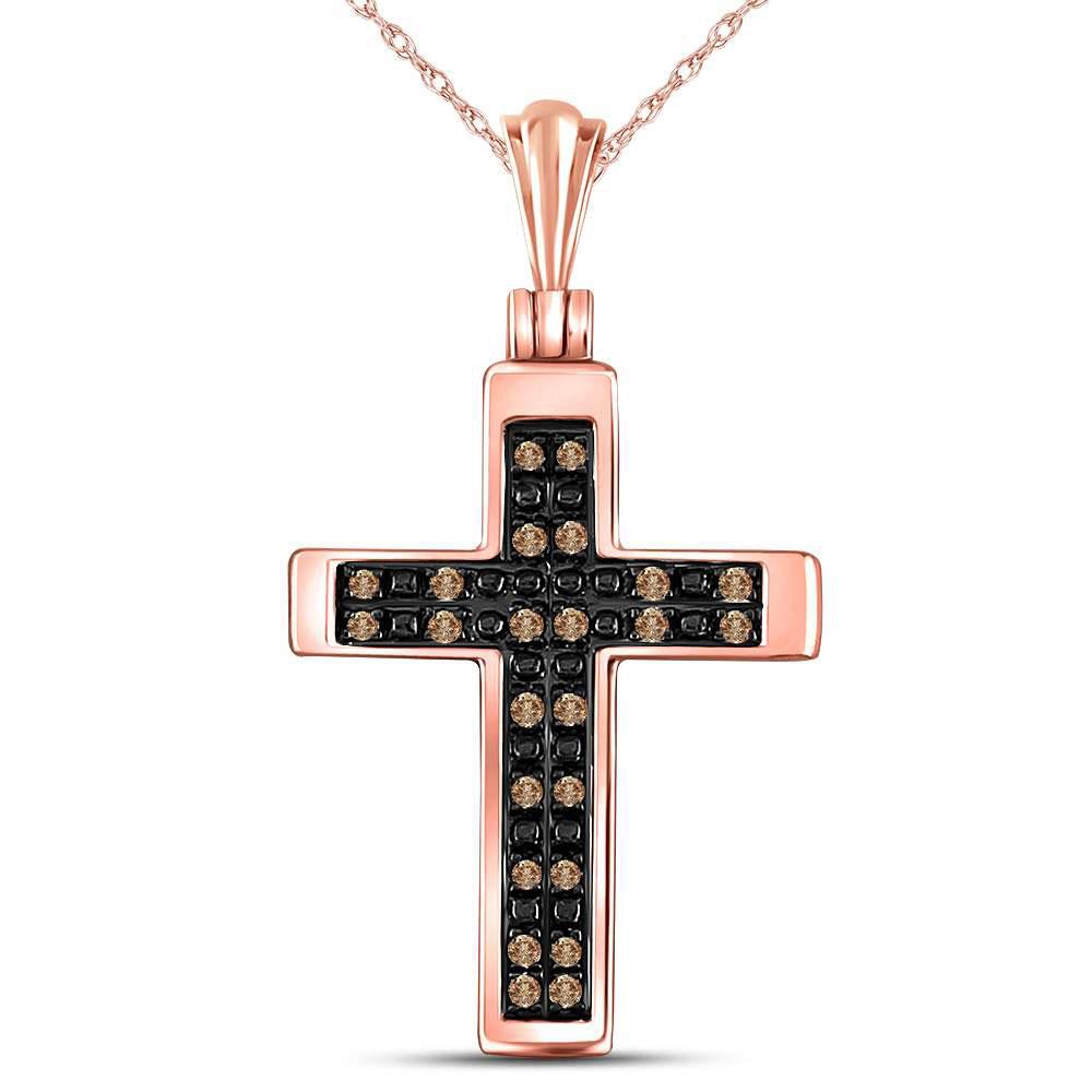 Diamond Cross Pendant | 10kt Rose Gold Womens Round Brown Diamond Cross Pendant 1/8 Cttw | Splendid Jewellery GND
