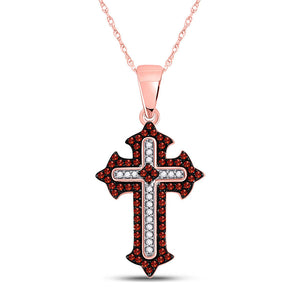 Diamond Cross Pendant | 10kt Rose Gold Womens Round Red Color Enhanced Diamond Gothic Cross Pendant 1/5 Cttw | Splendid Jewellery GND
