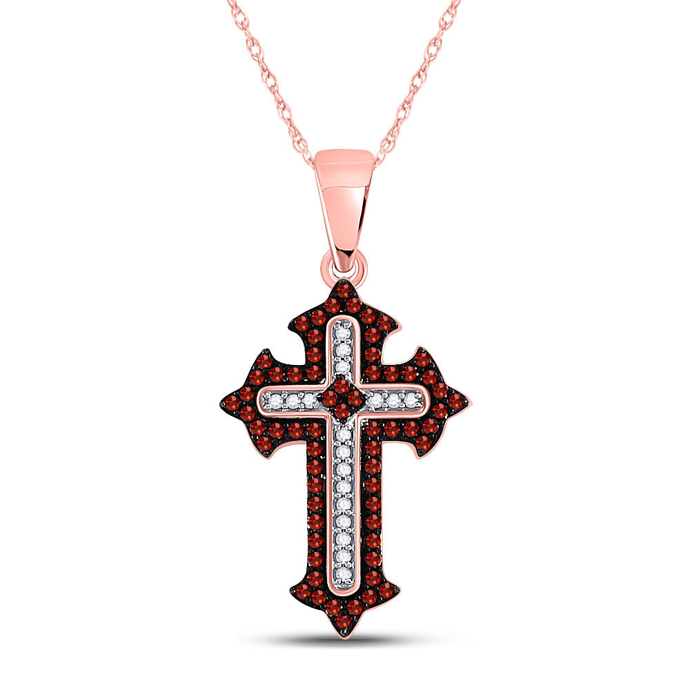 Diamond Cross Pendant | 10kt Rose Gold Womens Round Red Color Enhanced Diamond Gothic Cross Pendant 1/5 Cttw | Splendid Jewellery GND