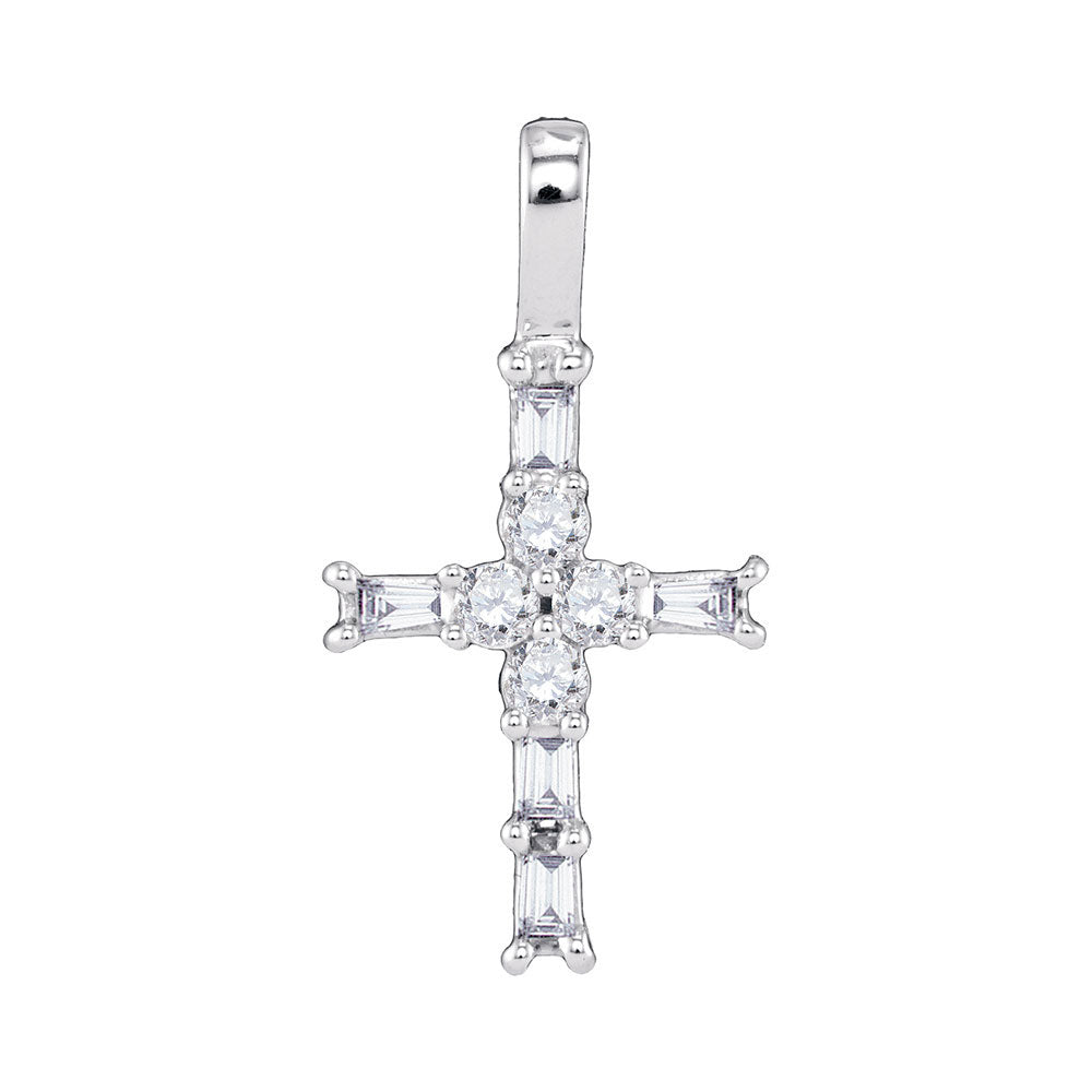 Diamond Cross Pendant | 10kt White Gold Womens Radiant Baguette Diamond Cross Pendant 1/4 Cttw | Splendid Jewellery GND