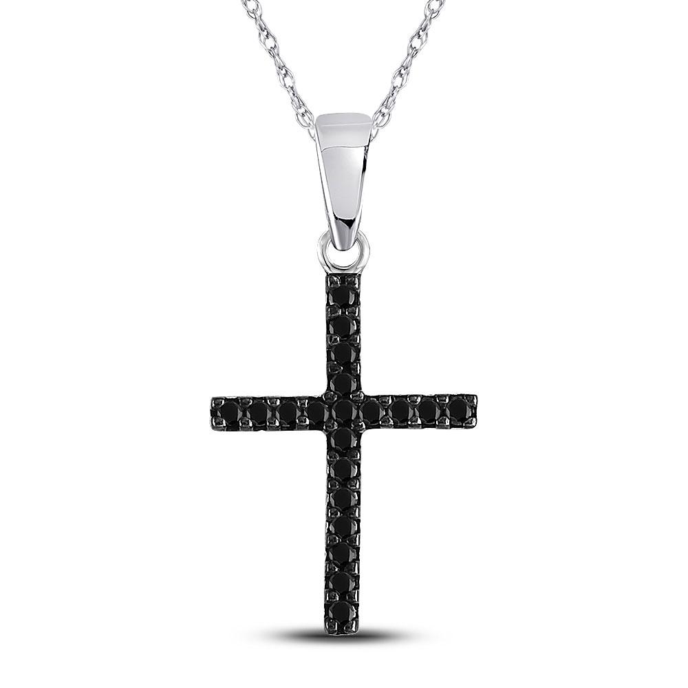 Diamond Cross Pendant | 10kt White Gold Womens Round Black Color Enhanced Diamond Cross Religious Pendant 1/5 Cttw | Splendid Jewellery GND