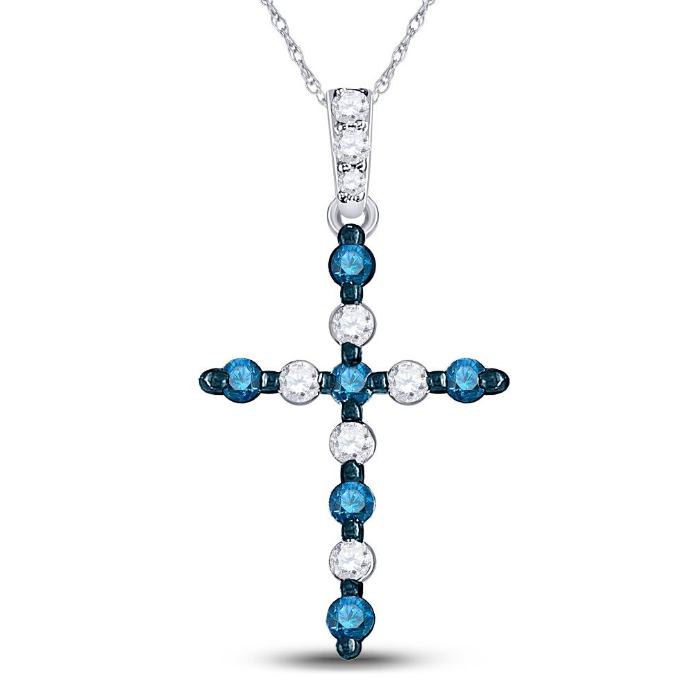 Diamond Cross Pendant | 10kt White Gold Womens Round Blue Color Enhanced Diamond Cross Pendant 1/4 Cttw | Splendid Jewellery GND