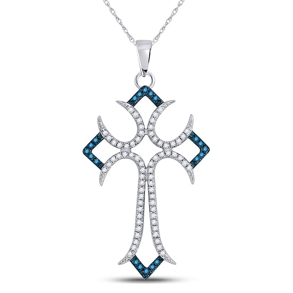 Diamond Cross Pendant | 10kt White Gold Womens Round Blue Color Enhanced Diamond Flared Cross Pendant 1/4 Cttw | Splendid Jewellery GND