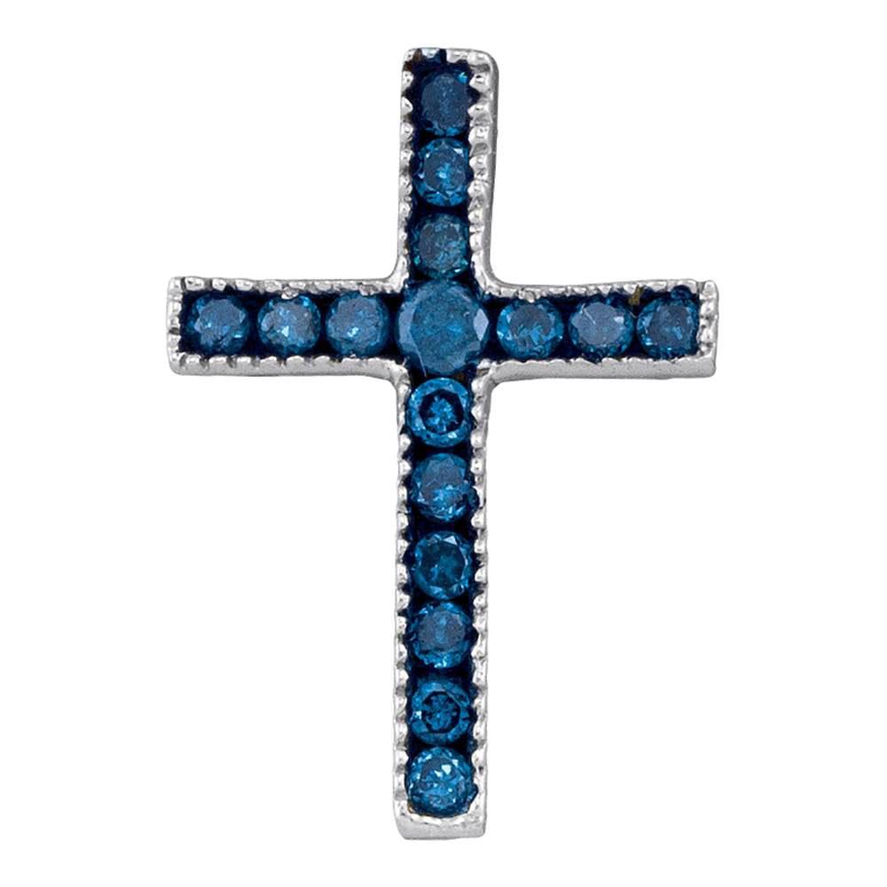 Diamond Cross Pendant | 10kt White Gold Womens Round Blue Color Enhanced Diamond Small Cross Pendant 1/6 Cttw | Splendid Jewellery GND