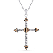Load image into Gallery viewer, Radiant Brown Diamond Cross Pendant - 10kt White Gold Women&#39;s Beaded Necklace 1/6 Cttw  Top View from Splendid Jewellery