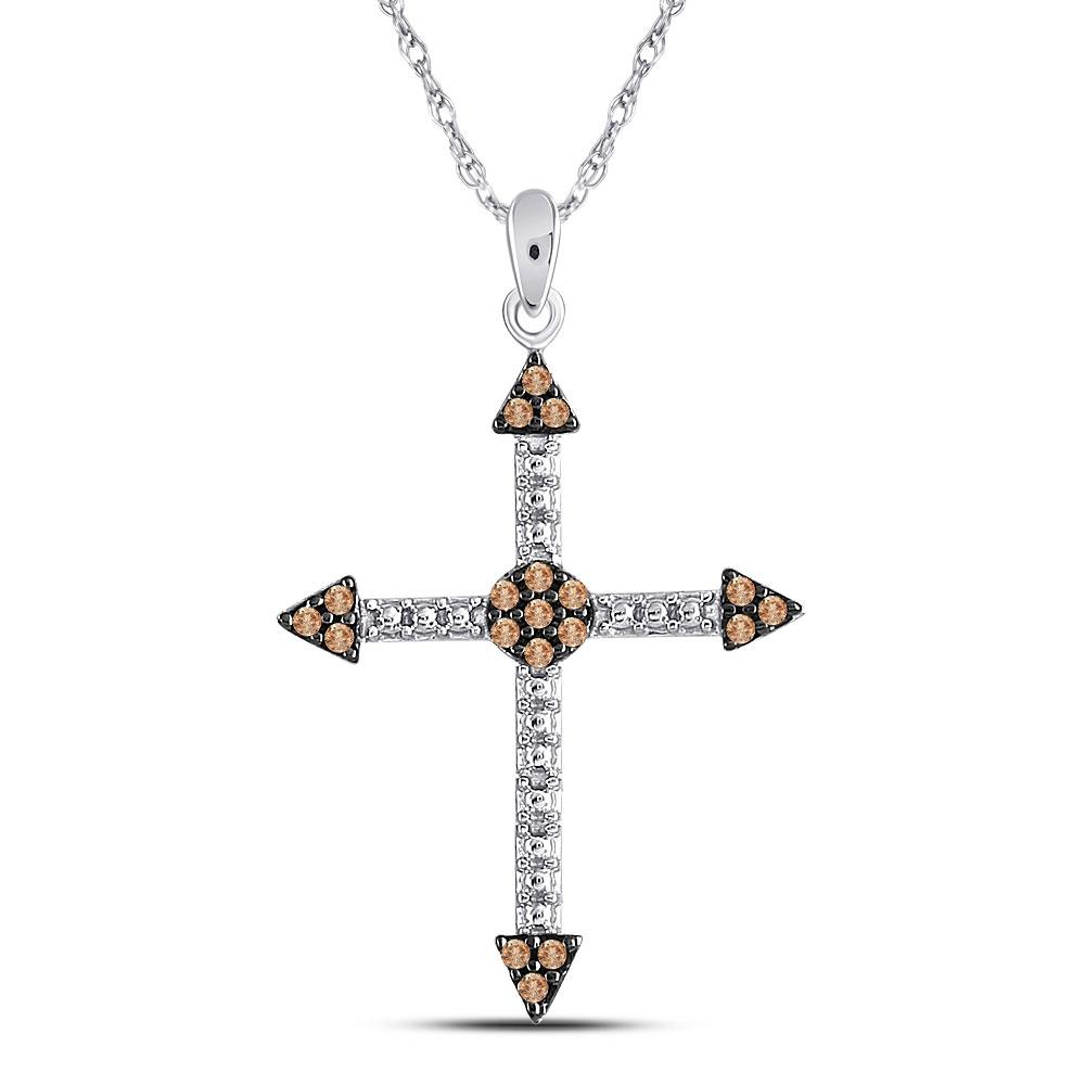 Diamond Cross Pendant | 10kt White Gold Womens Round Brown Diamond Cross Beaded Pendant 1/6 Cttw | Splendid Jewellery GND