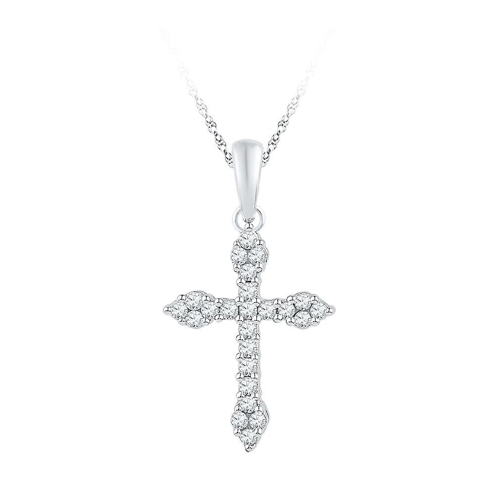 Diamond Cross Pendant | 10kt White Gold Womens Round Diamond Cross Crucifix Faith Pendant 1/4 Cttw | Splendid Jewellery GND