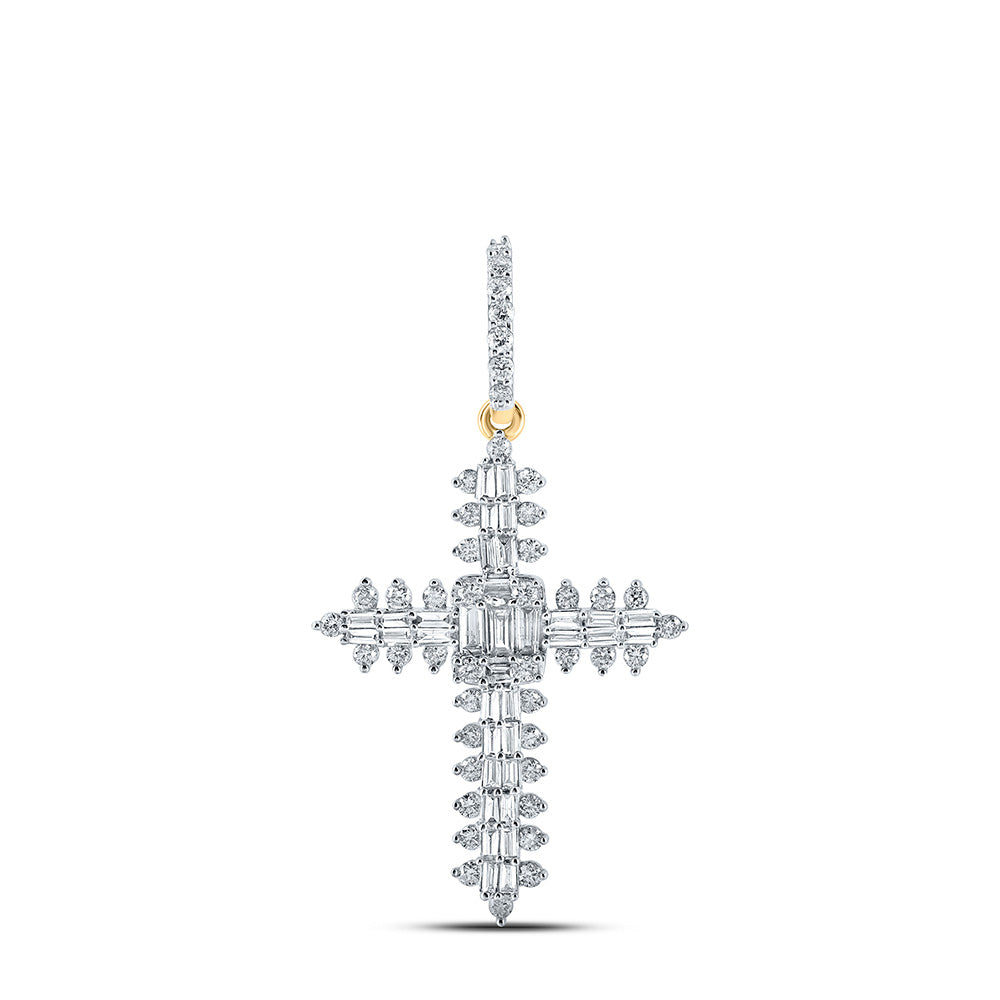 Diamond Cross Pendant | 10kt Yellow Gold Womens Baguette Diamond Cross Pendant 7/8 Cttw | Splendid Jewellery GND