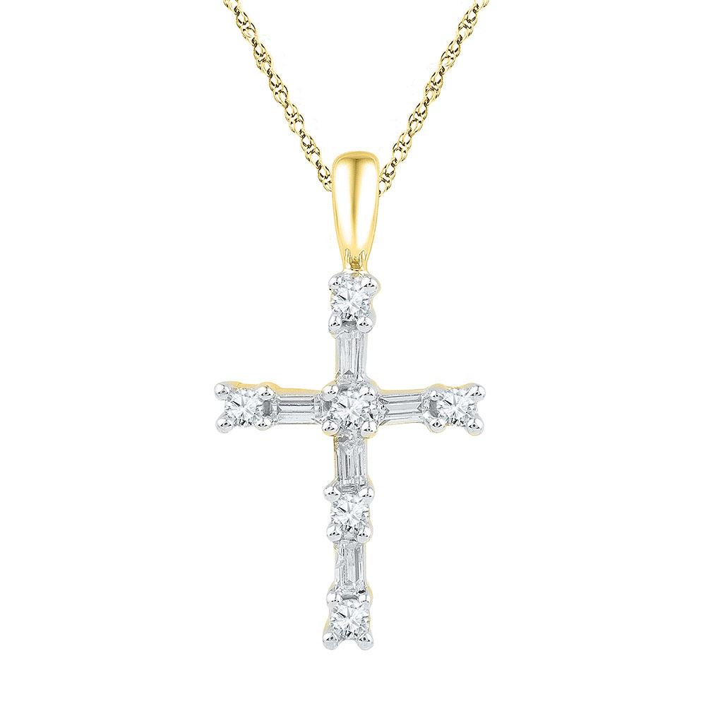 Diamond Cross Pendant | 10kt Yellow Gold Womens Round Baguette Diamond Cross Pendant 1/4 Cttw | Splendid Jewellery GND