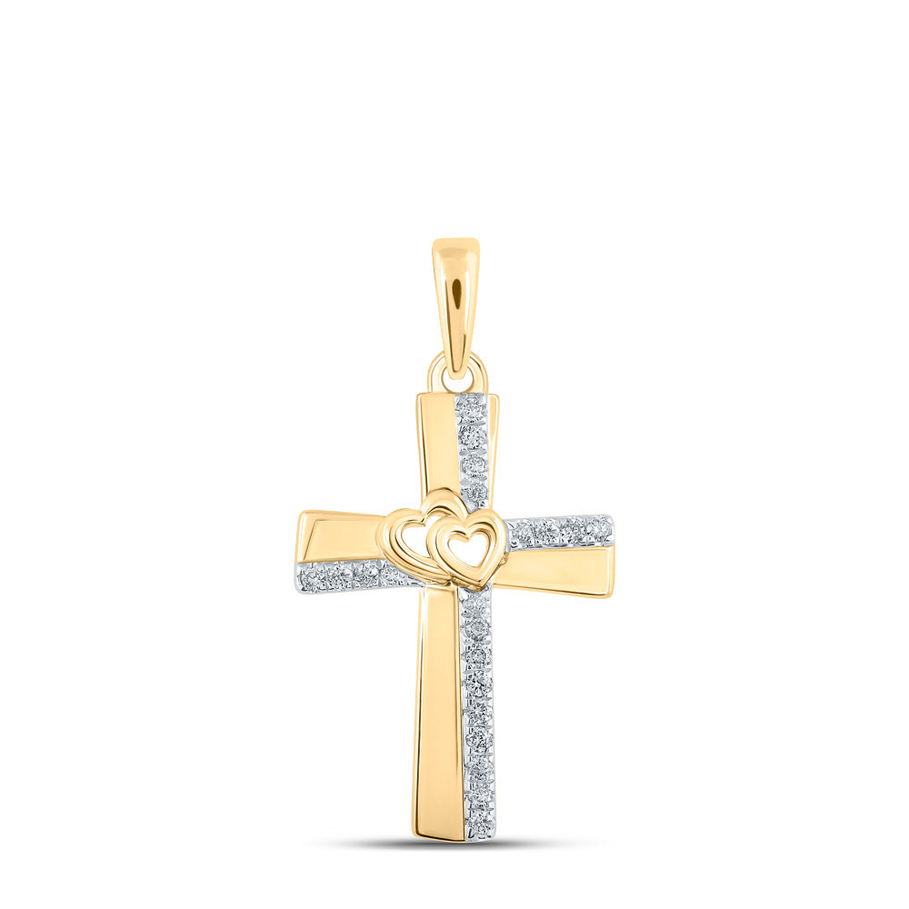 Diamond Cross Pendant | 10kt Yellow Gold Womens Round Diamond Heart Cross Pendant 1/10 Cttw | Splendid Jewellery GND