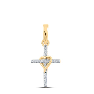 Diamond Cross Pendant | 10kt Yellow Gold Womens Round Diamond Heart Cross Pendant 1/20 Cttw | Splendid Jewellery GND