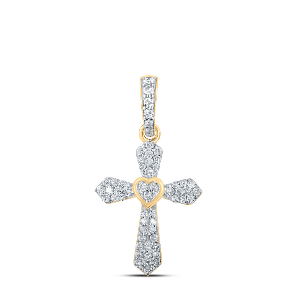 Diamond Cross Pendant | 10kt Yellow Gold Womens Round Diamond Heart Cross Pendant 1/6 Cttw | Splendid Jewellery GND