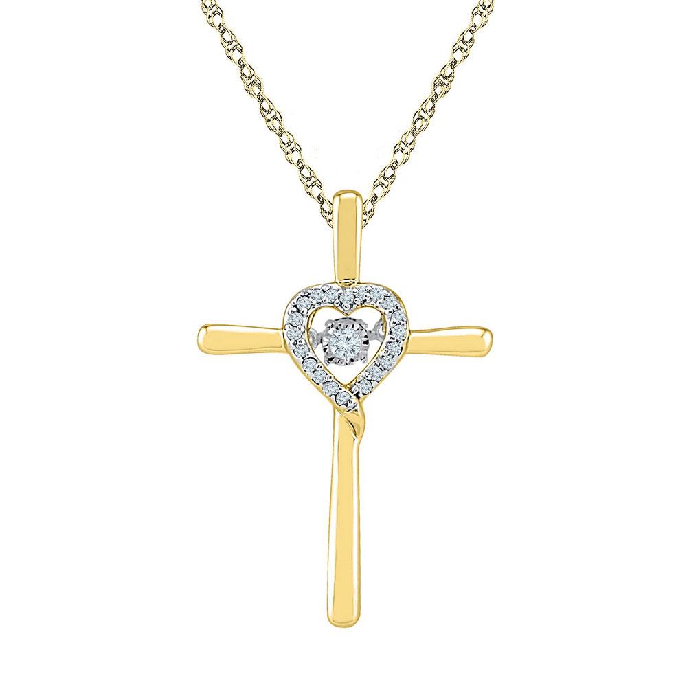 Diamond Cross Pendant | 10kt Yellow Gold Womens Round Diamond Solitaire Cross Heart Religious Pendant 1/10 Cttw | Splendid Jewellery GND