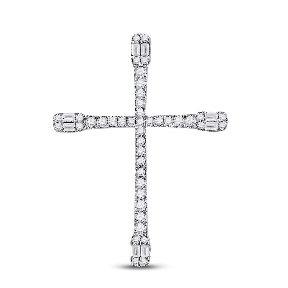 Diamond Cross Pendant | 14kt White Gold Womens Baguette Round Diamond Cross Pendant 3/4 Cttw | Splendid Jewellery GND