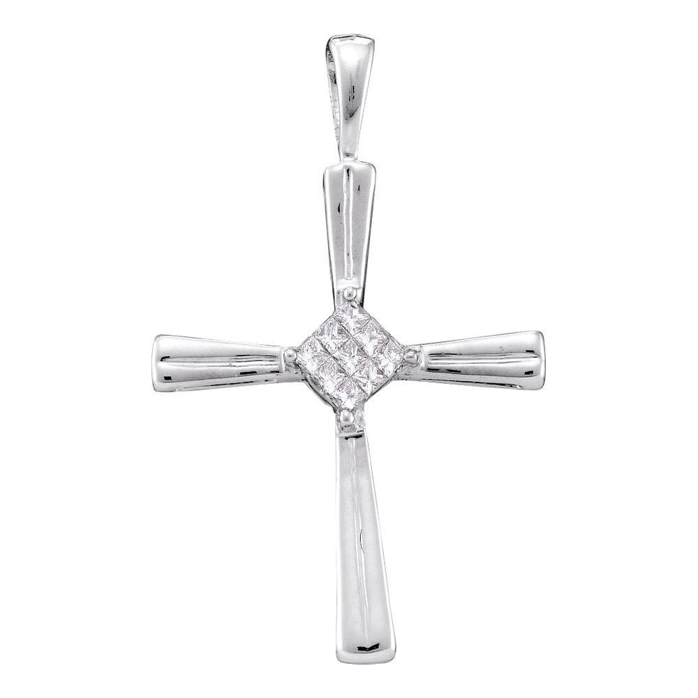 Diamond Cross Pendant | 14kt White Gold Womens Princess Diamond Cross Pendant 1/10 Cttw | Splendid Jewellery GND