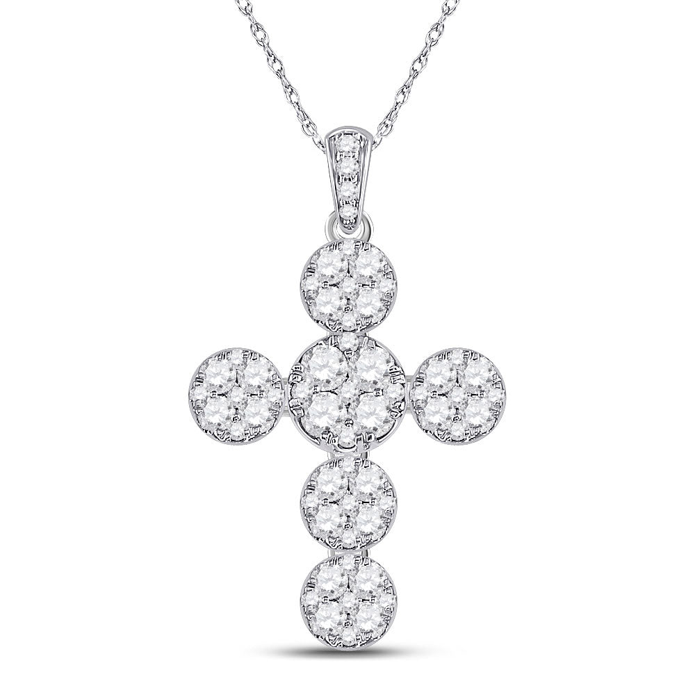 Diamond Cross Pendant | 14kt White Gold Womens Round Diamond Cluster Cross Pendant 1-1/3 Cttw | Splendid Jewellery GND